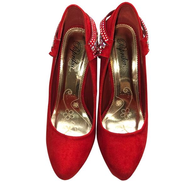Paprika 6 Women's Dress Shoes Red  5 inch Heels Platform Rhinestones Closed Toe - Picture 2 of 8